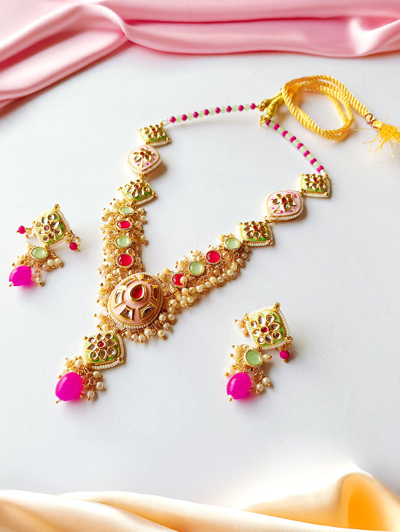 Pink & Mint Green Kundan Necklace Set