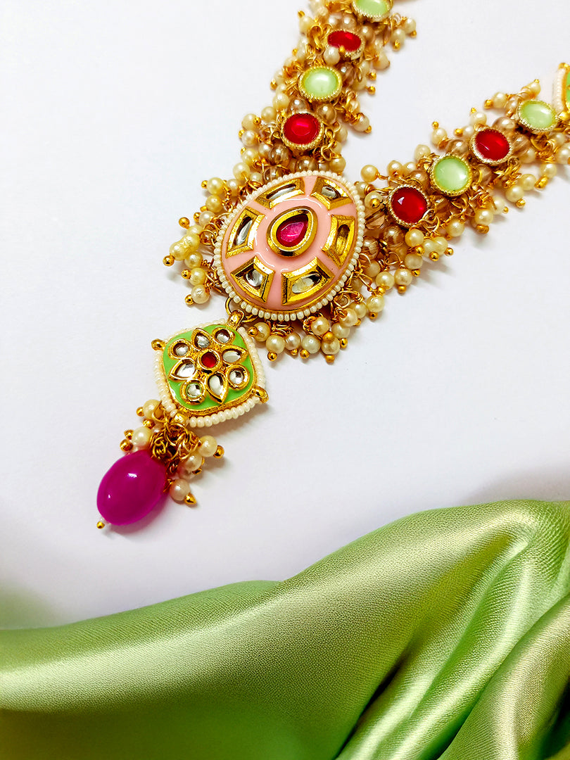 Pink & Mint Green Kundan Necklace Set