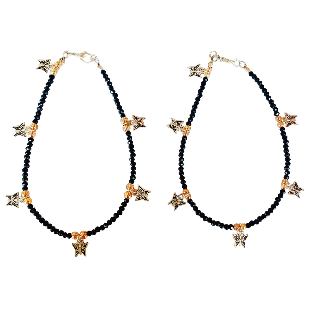 Silver Plated Black Beaded Butterfly Anklet Set