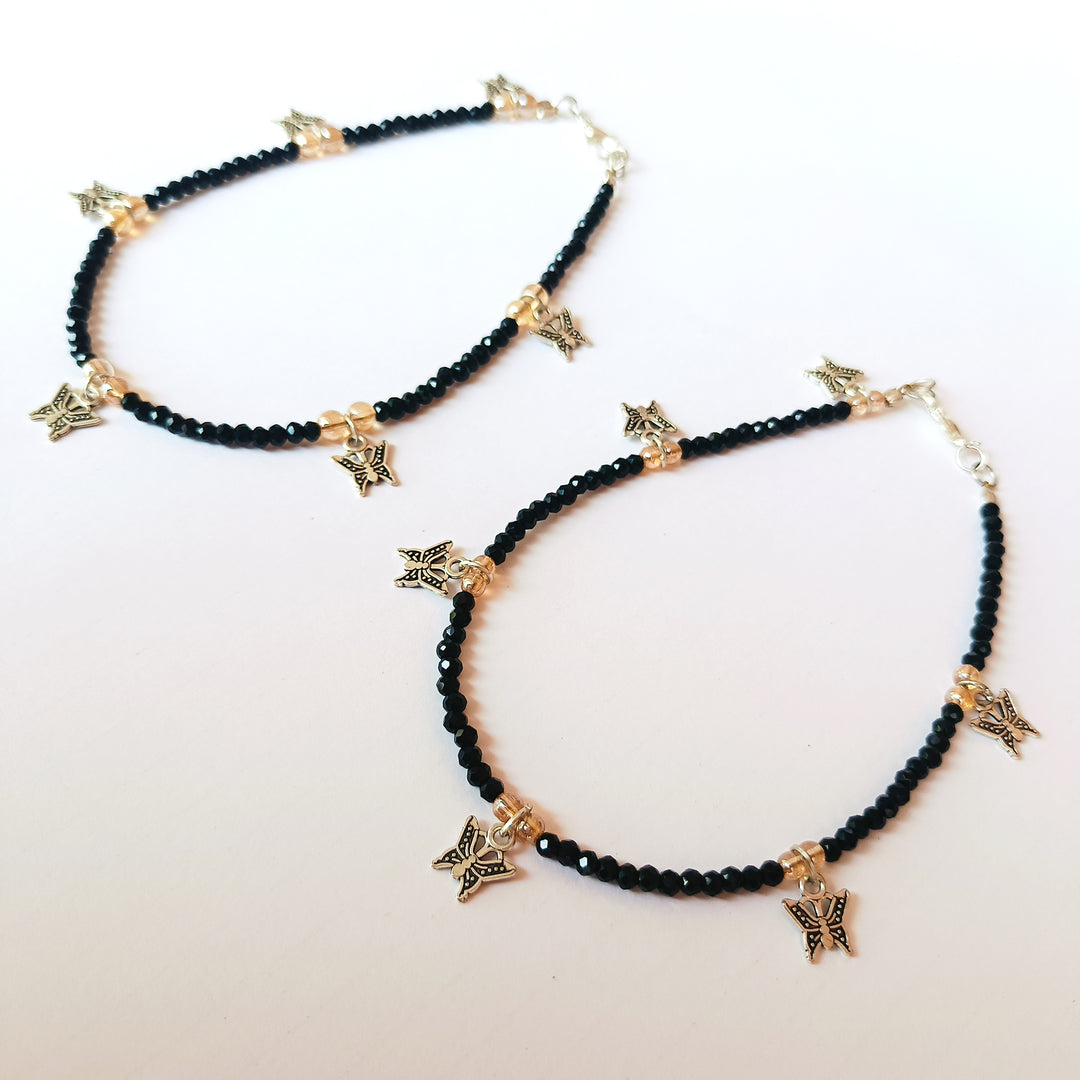 Silver Plated Black Beaded Butterfly Anklet Set