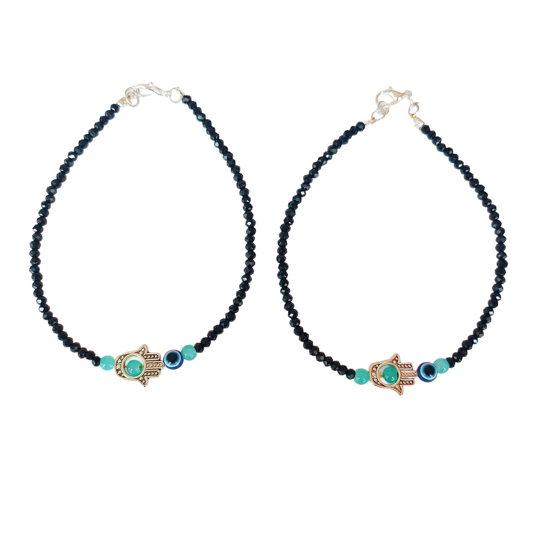 Silver Plated Blue Hamsa Hand Evil Eye Anklet Set
