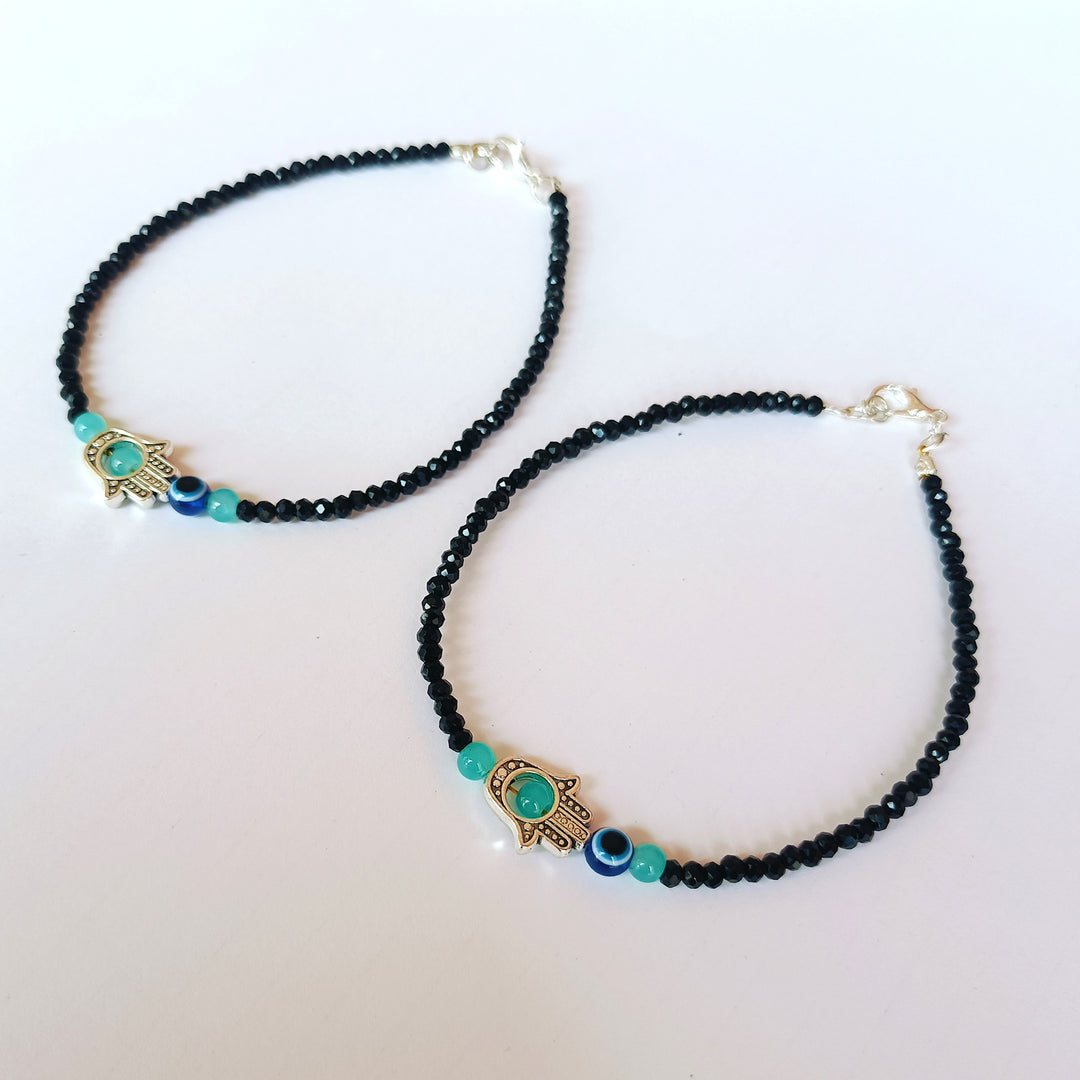 Silver Plated Blue Hamsa Hand Evil Eye Anklet Set