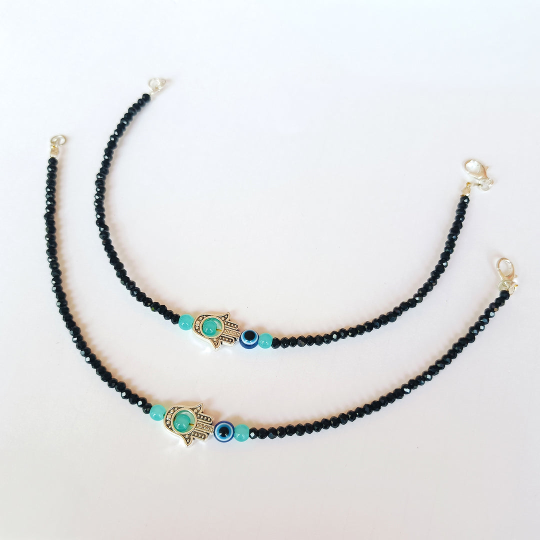 Silver Plated Blue Hamsa Hand Evil Eye Anklet Set