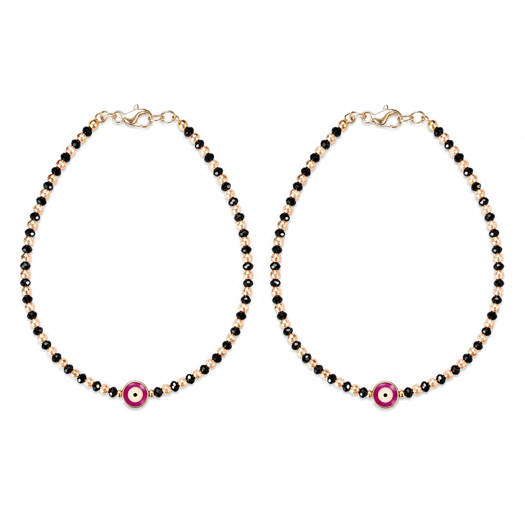 Purple Evil Eye Black Golden Beaded Anklet Set