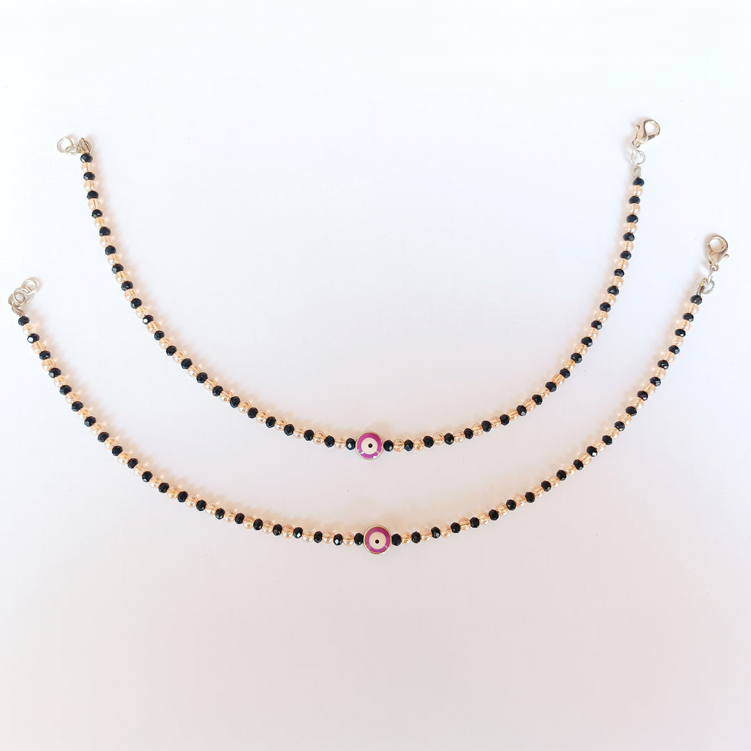Purple Evil Eye Black Golden Beaded Anklet Set
