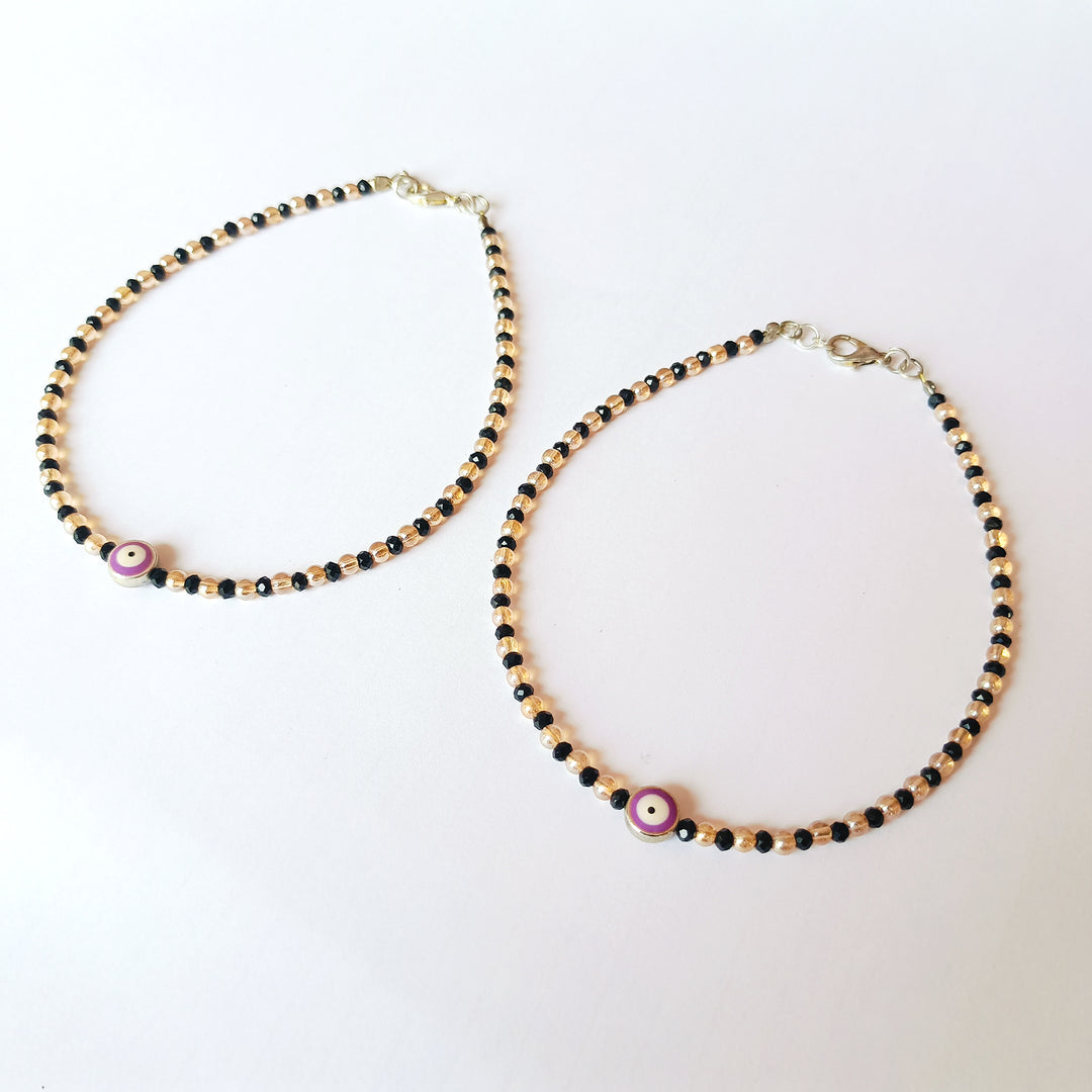 Purple Evil Eye Black Golden Beaded Anklet Set