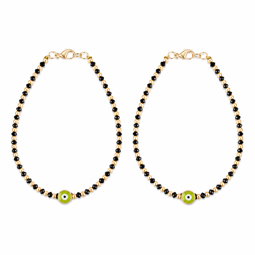 Green Evil Eye Black Golden Beaded Anklet Set