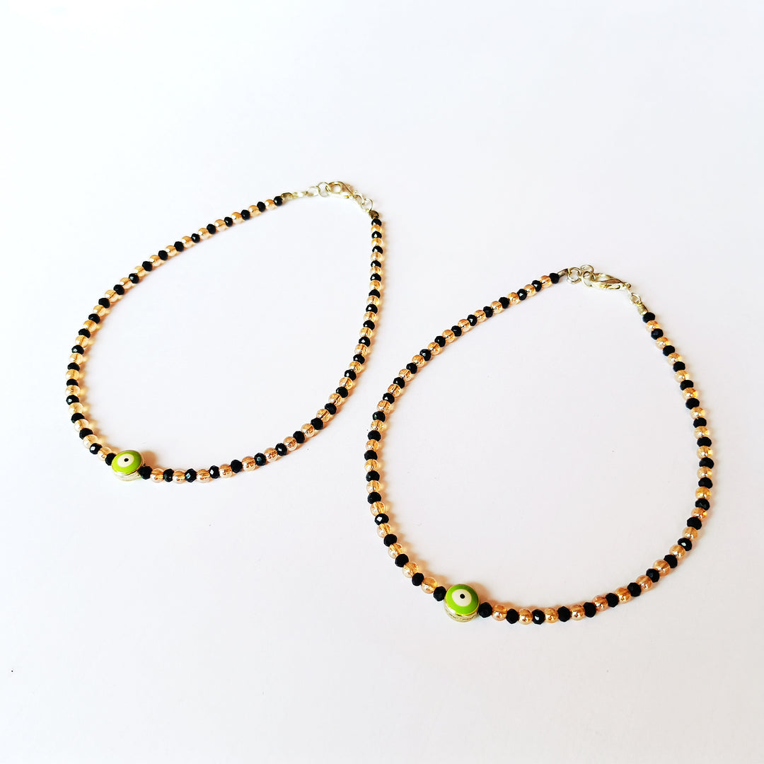 Green Evil Eye Black Golden Beaded Anklet Set