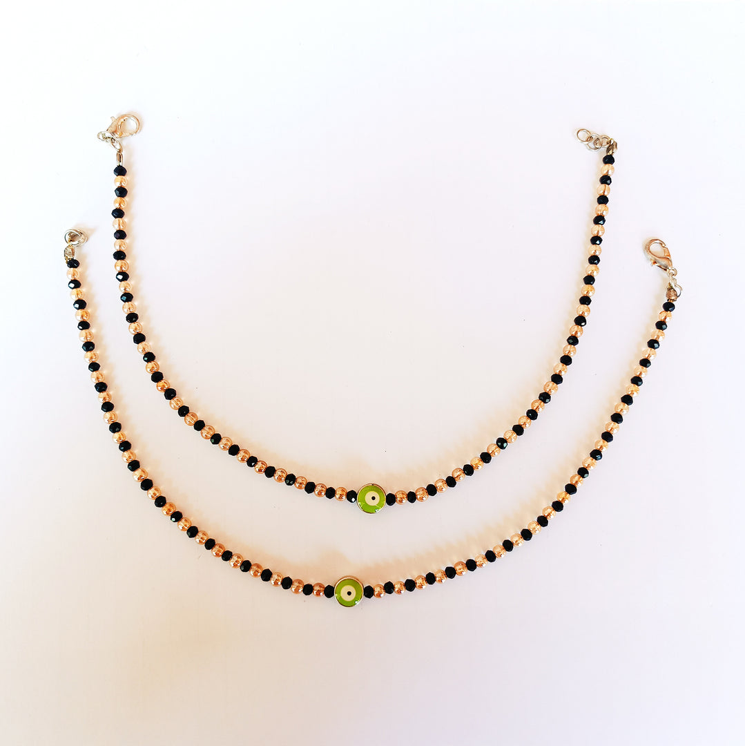 Green Evil Eye Black Golden Beaded Anklet Set