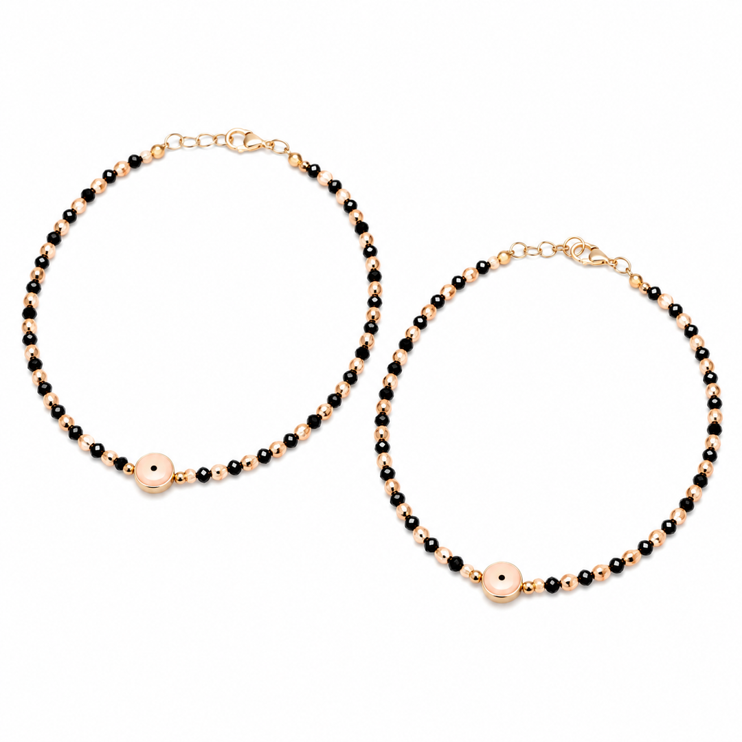 Pink Evil Eye Black Golden Beaded Anklet Set