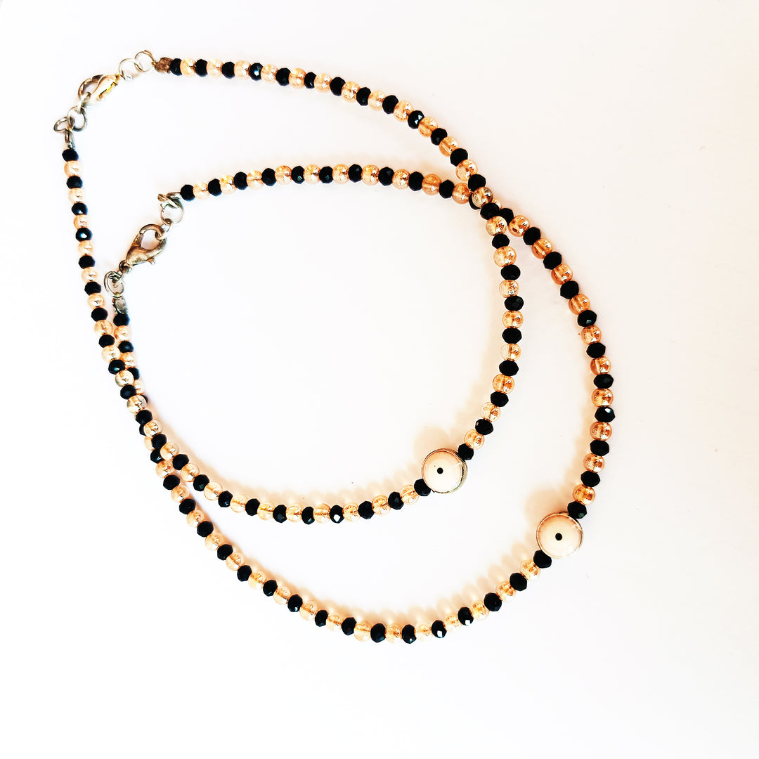 Pink Evil Eye Black Golden Beaded Anklet Set