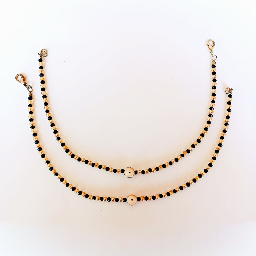 Pink Evil Eye Black Golden Beaded Anklet Set