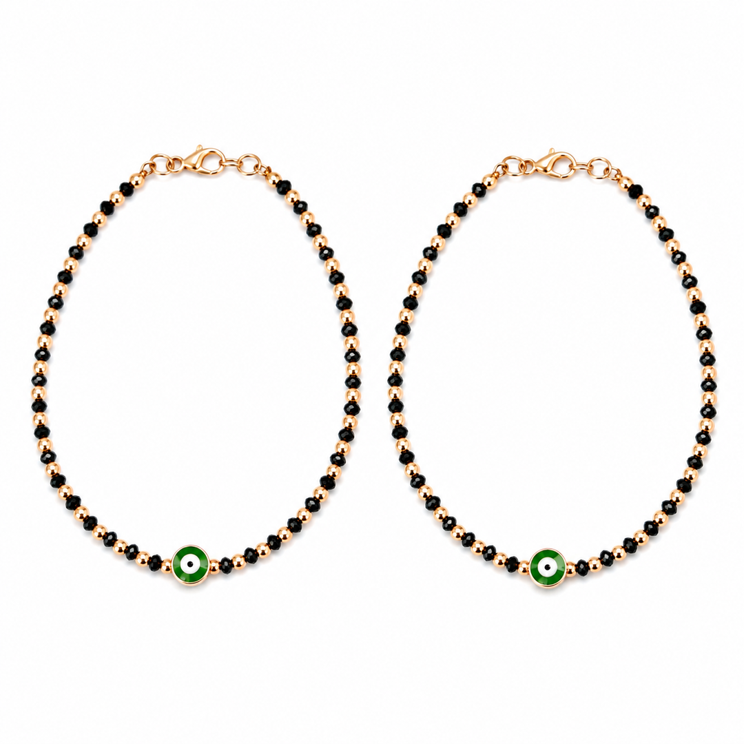 Green Evil Eye Black Golden Beaded Anklet Set