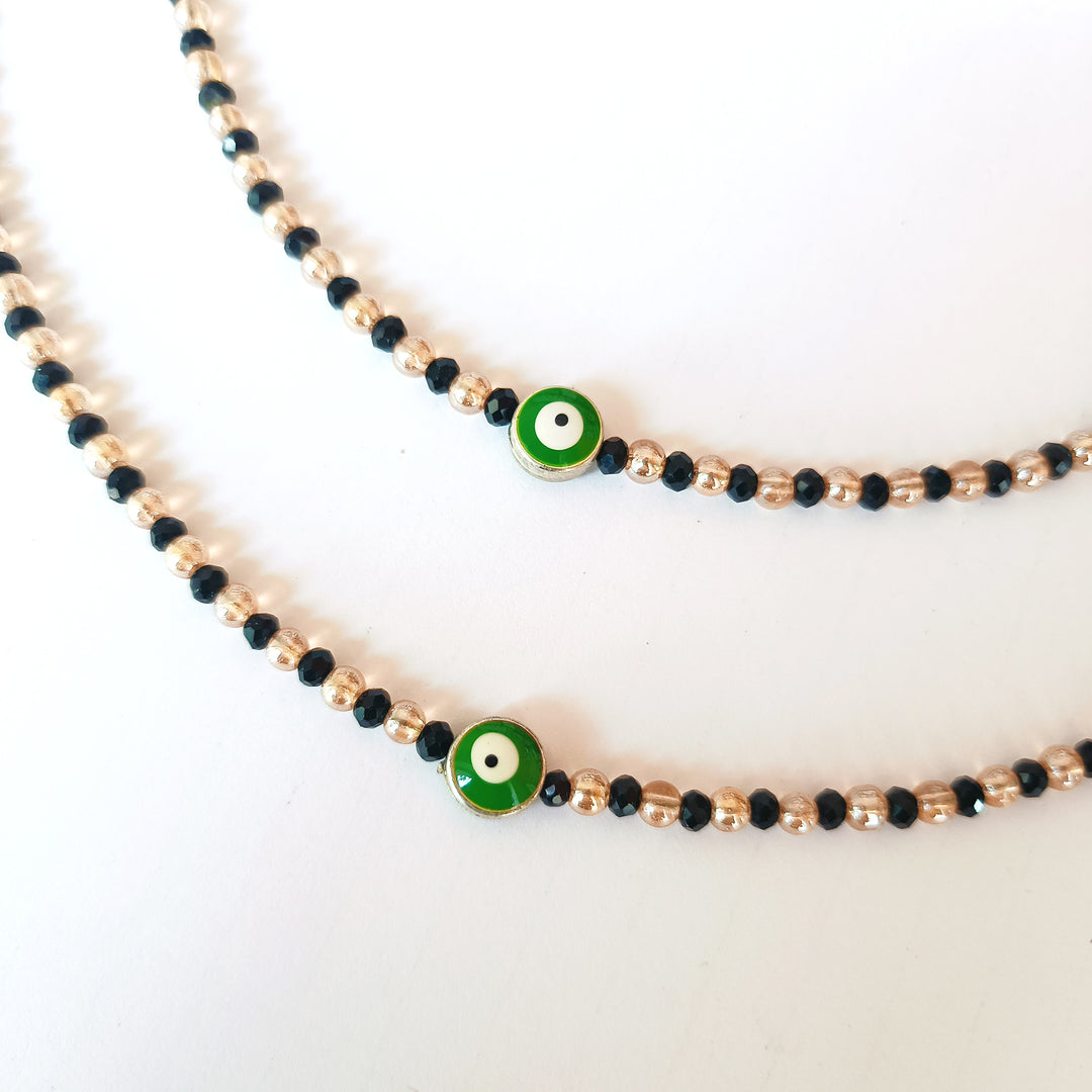 Green Evil Eye Black Golden Beaded Anklet Set