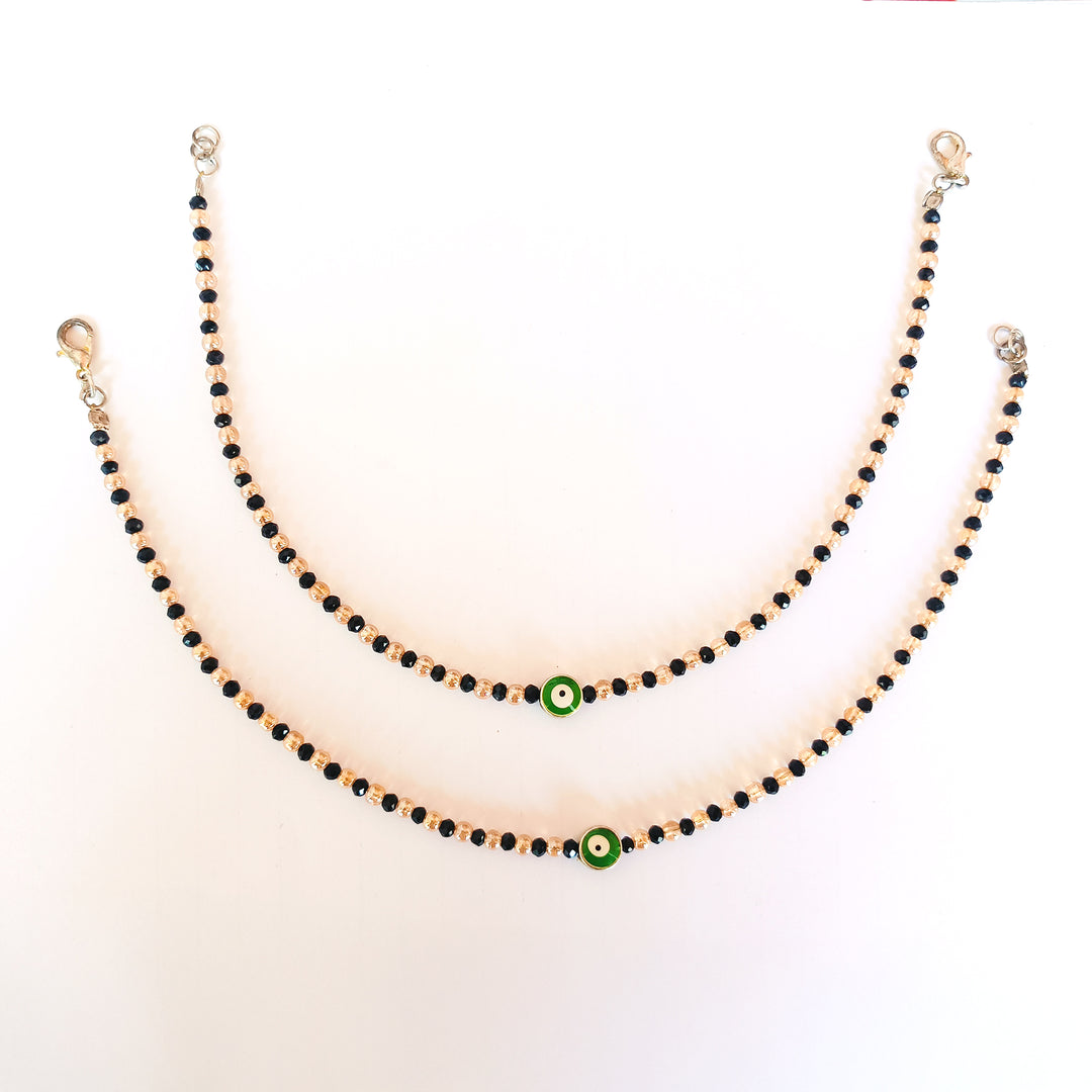 Green Evil Eye Black Golden Beaded Anklet Set