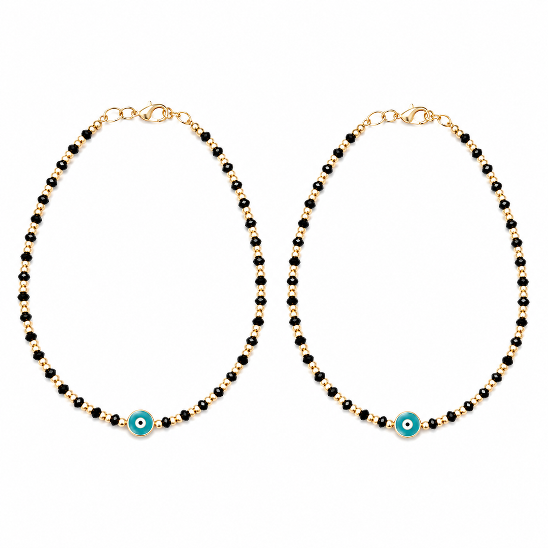 Pastel Blue Evil Eye Black Golden Beaded Anklet Set