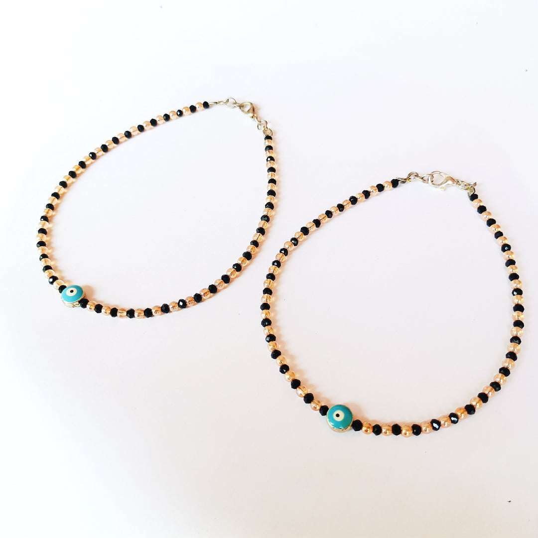 Pastel Blue Evil Eye Black Golden Beaded Anklet Set