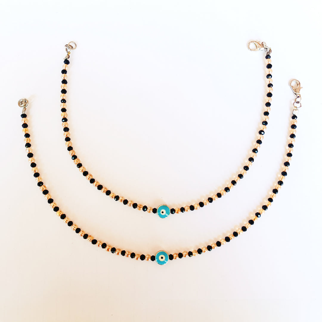 Pastel Blue Evil Eye Black Golden Beaded Anklet Set