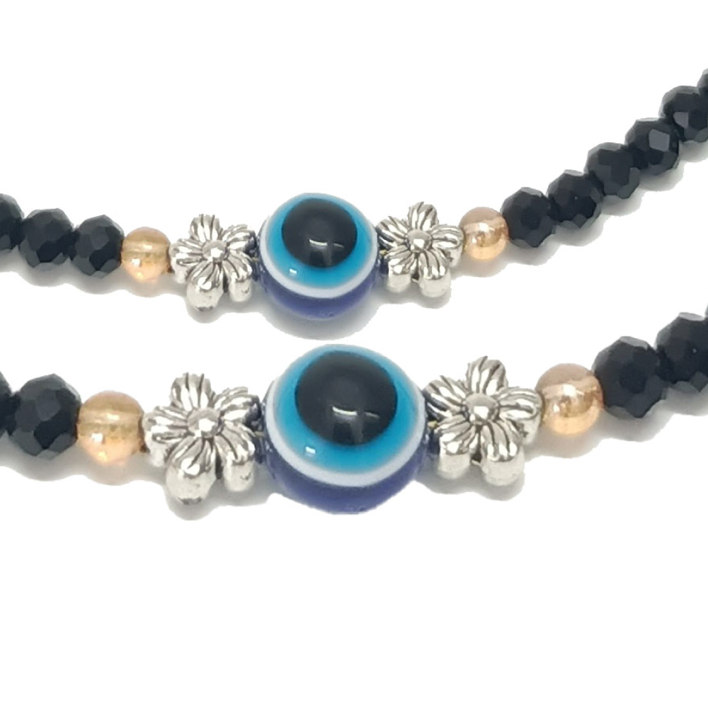 Silver Evil Eye Flower Couple Anklets