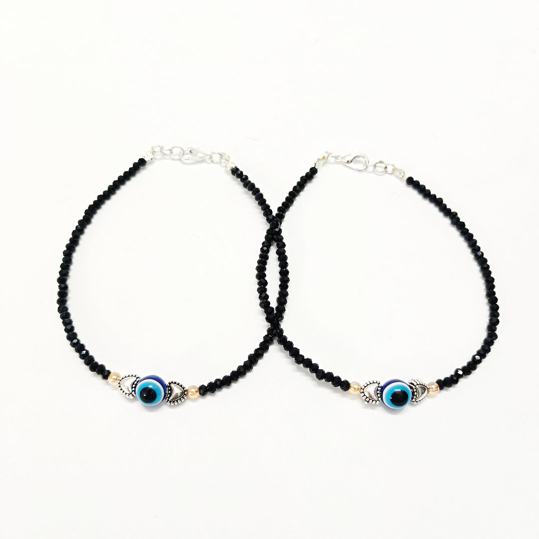 Silver Evil Eye Hearts Couple Anklets