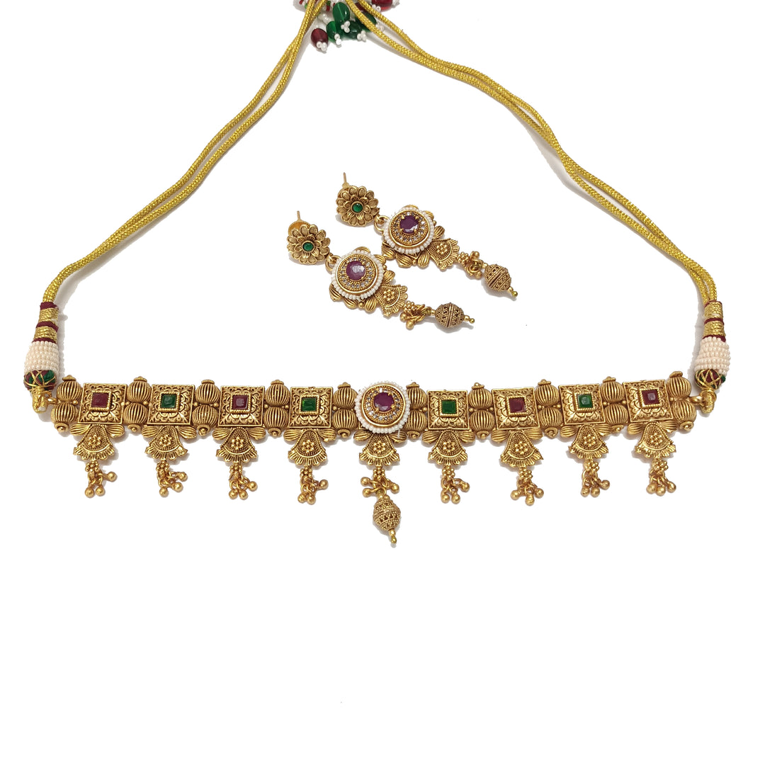 Red Green Antique Gold Plated Choker Set